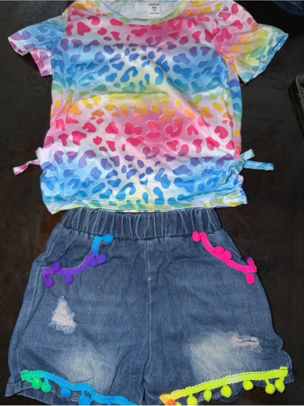 Kids Rainbow Leopard Print Top & Denim Shorts Matching Set - Multicolor